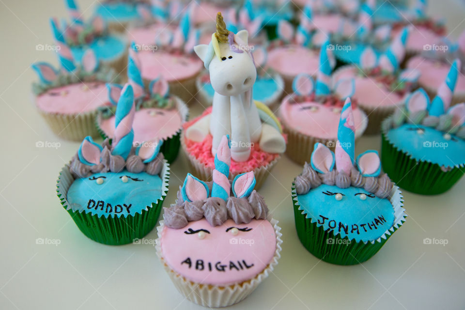 Unicorn cupcakes in pink and blue