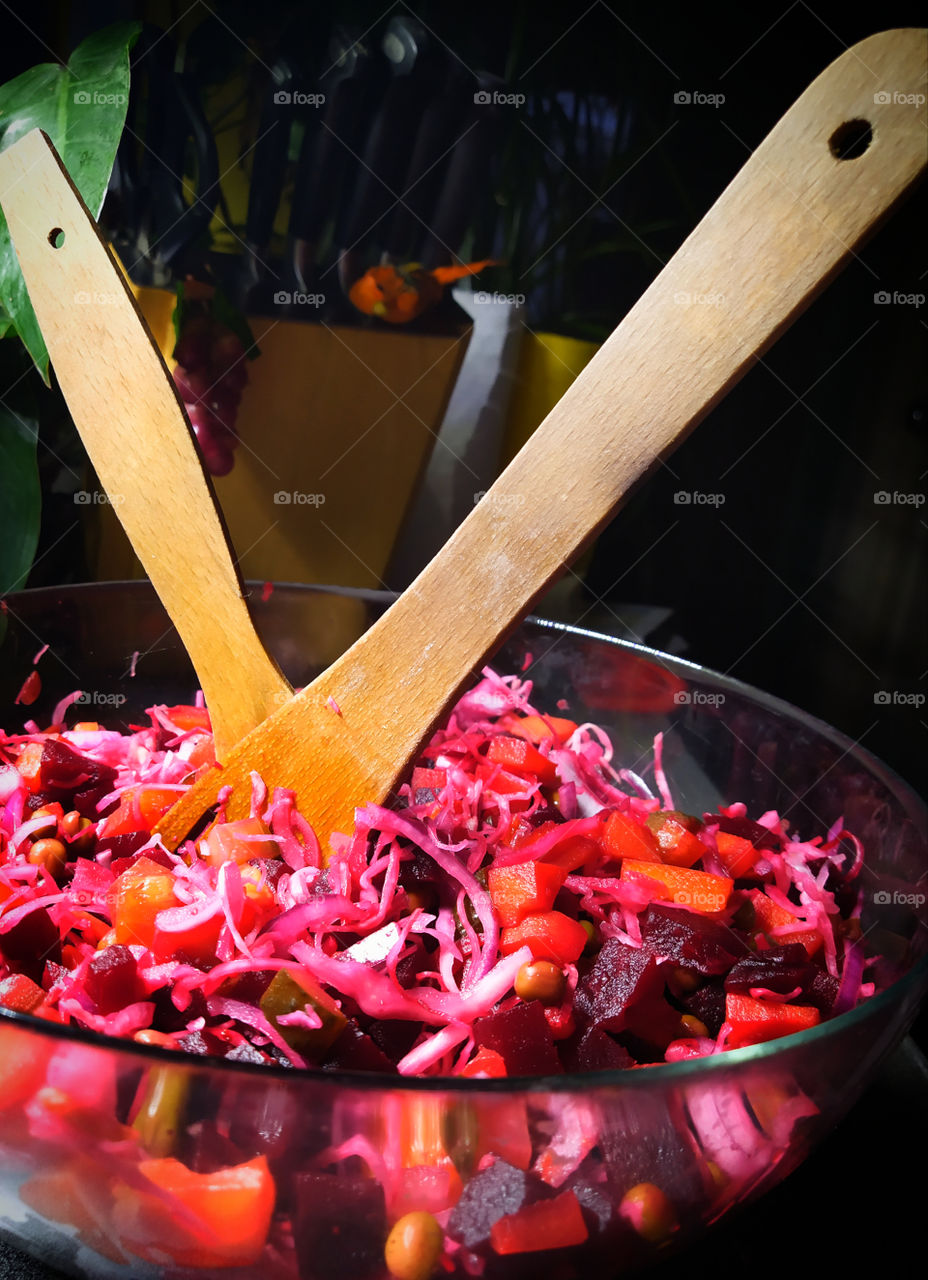 Vegetable salad: boiled beets, boiled carrots, bell peppers, onions, canned peas, pickled cucumbers and sauerkraut