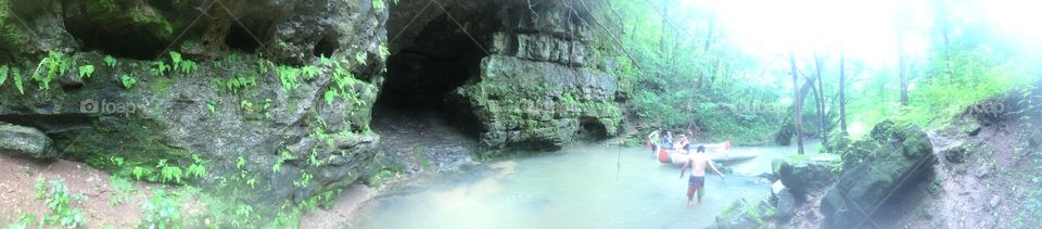 Panorama of an unexplored cave found while canoeing