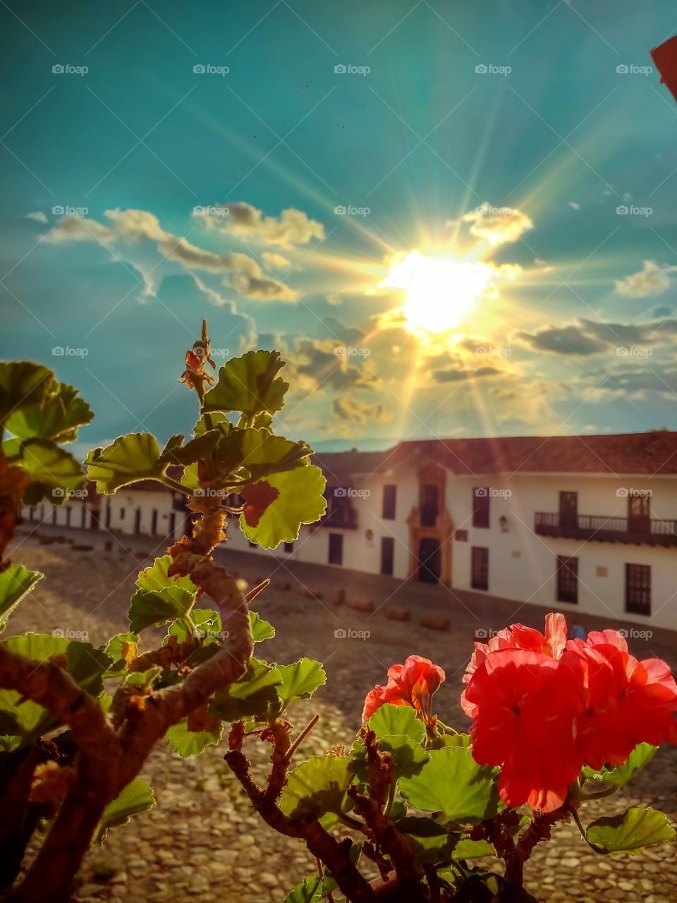 Sunny afternoon with flowers in the main square of Villa de Leyva Colombia