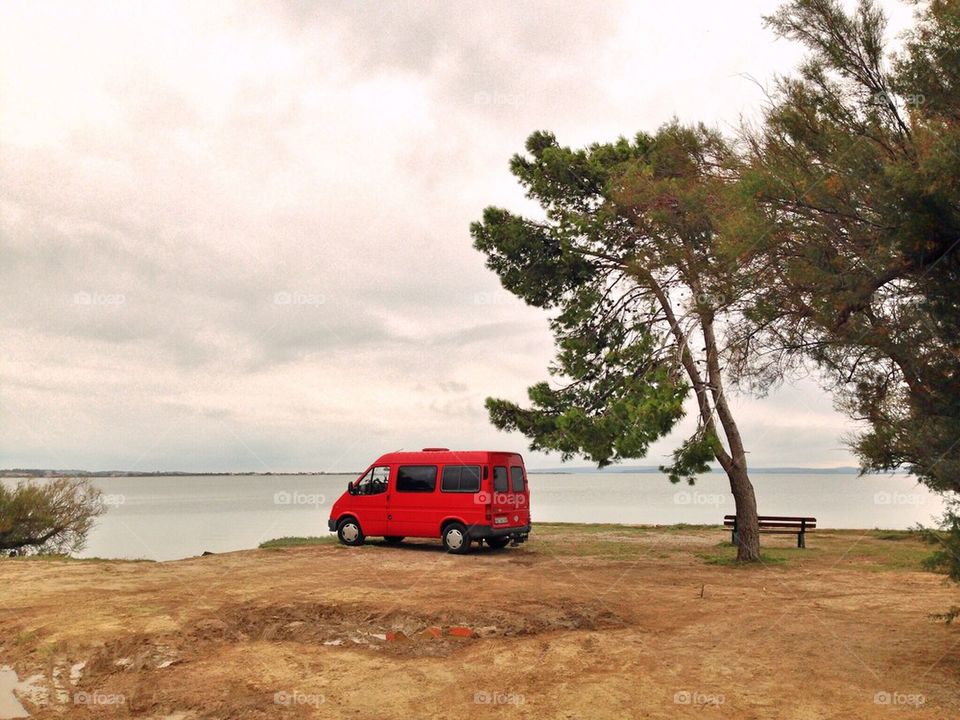 Red Ford Transit in Bages in south of France