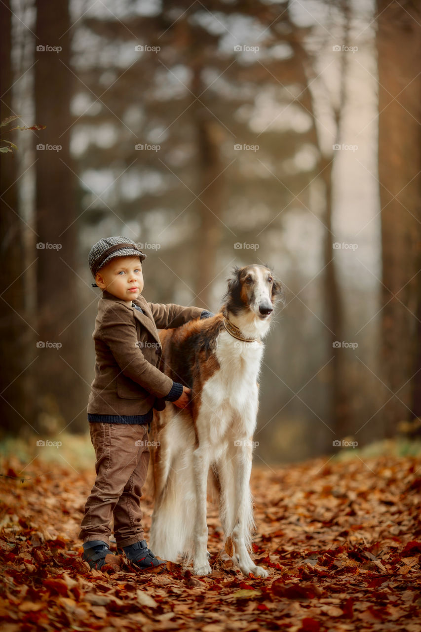 Cute boy with russian borzoi dog in an autumn park 