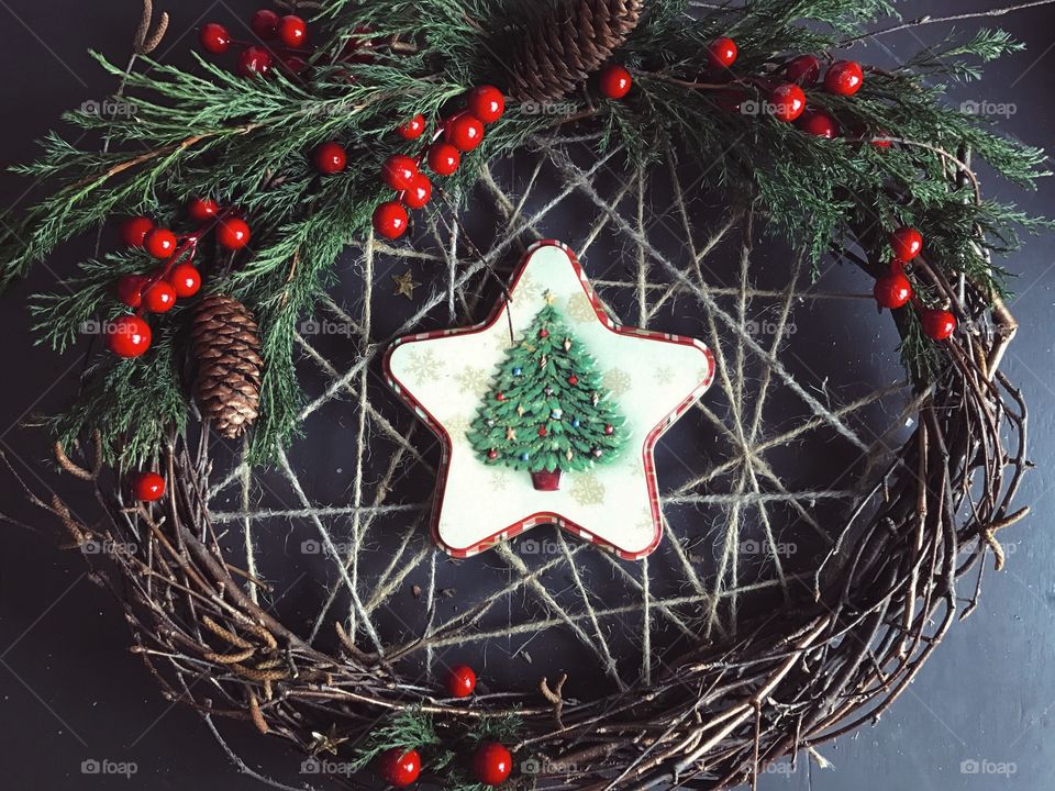 Handmade Christmas wreath with star inside 