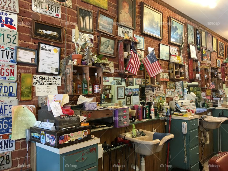 Vintage Barbershop in Monroe Georgia.  The barber has been cutting hair here for over 60 years. 