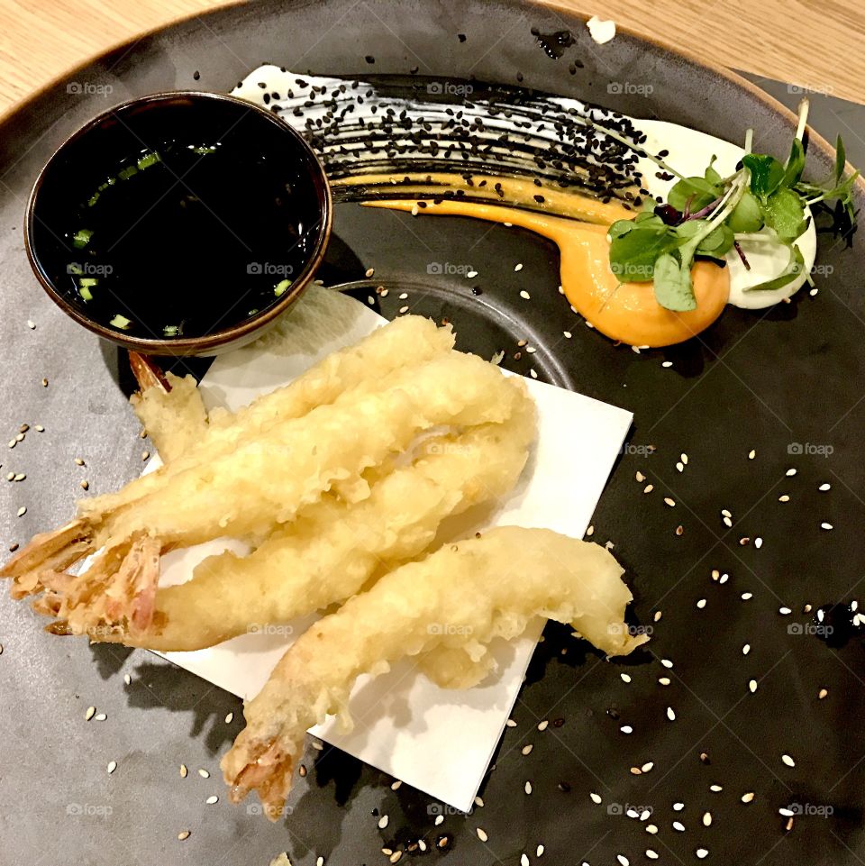 Tempura shrimps at sushi restaurant in Warsaw Poland