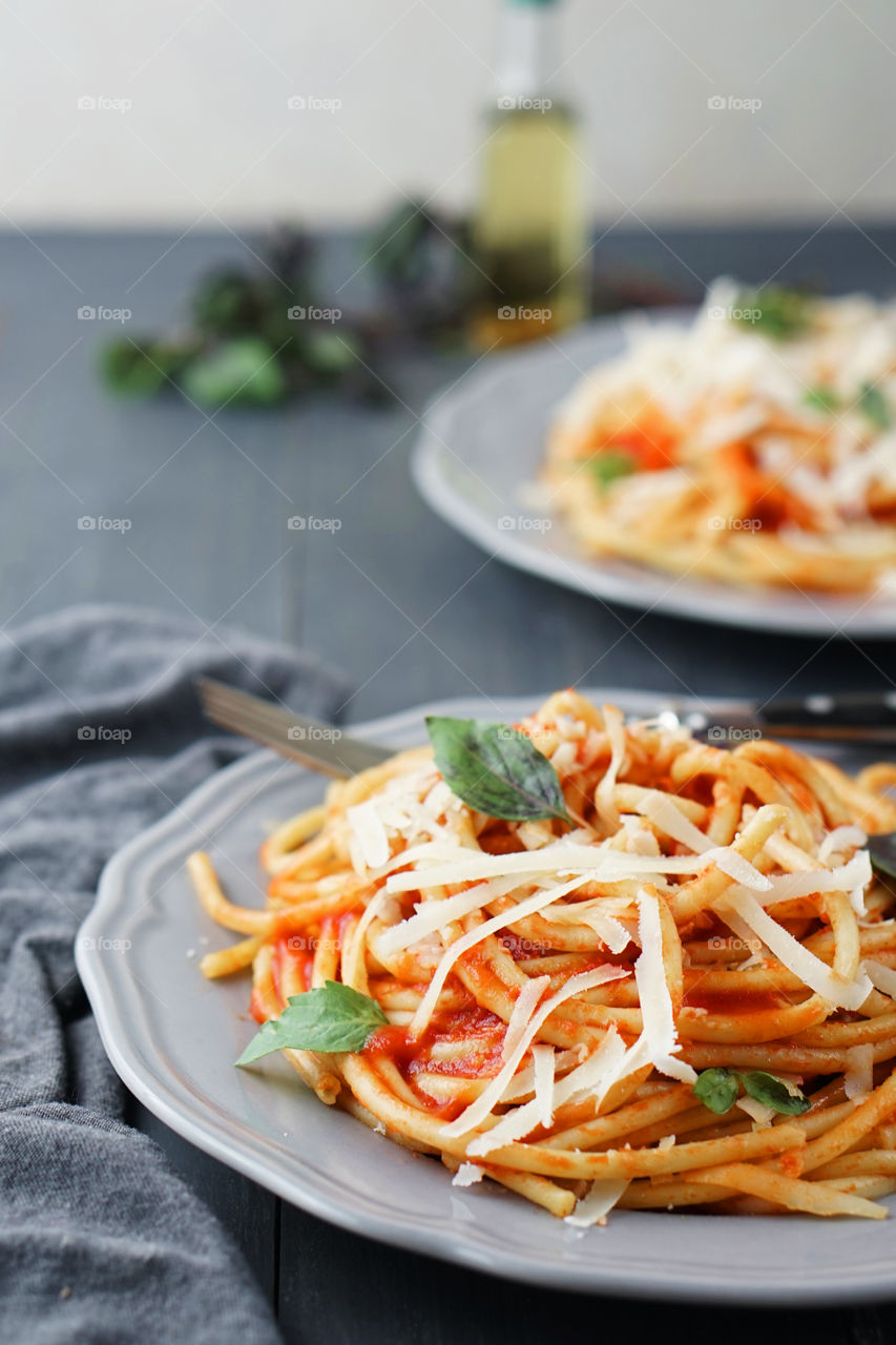 Close-up of spaghetti on plate