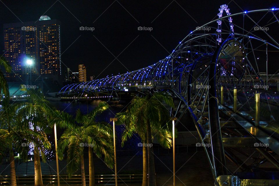 Palm trees in front of Helix Bridge on the backdrop of a skyscraper at night in Singapore.