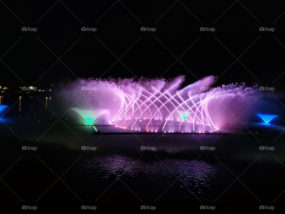 The beautiful colors of the musical dancing fountain.