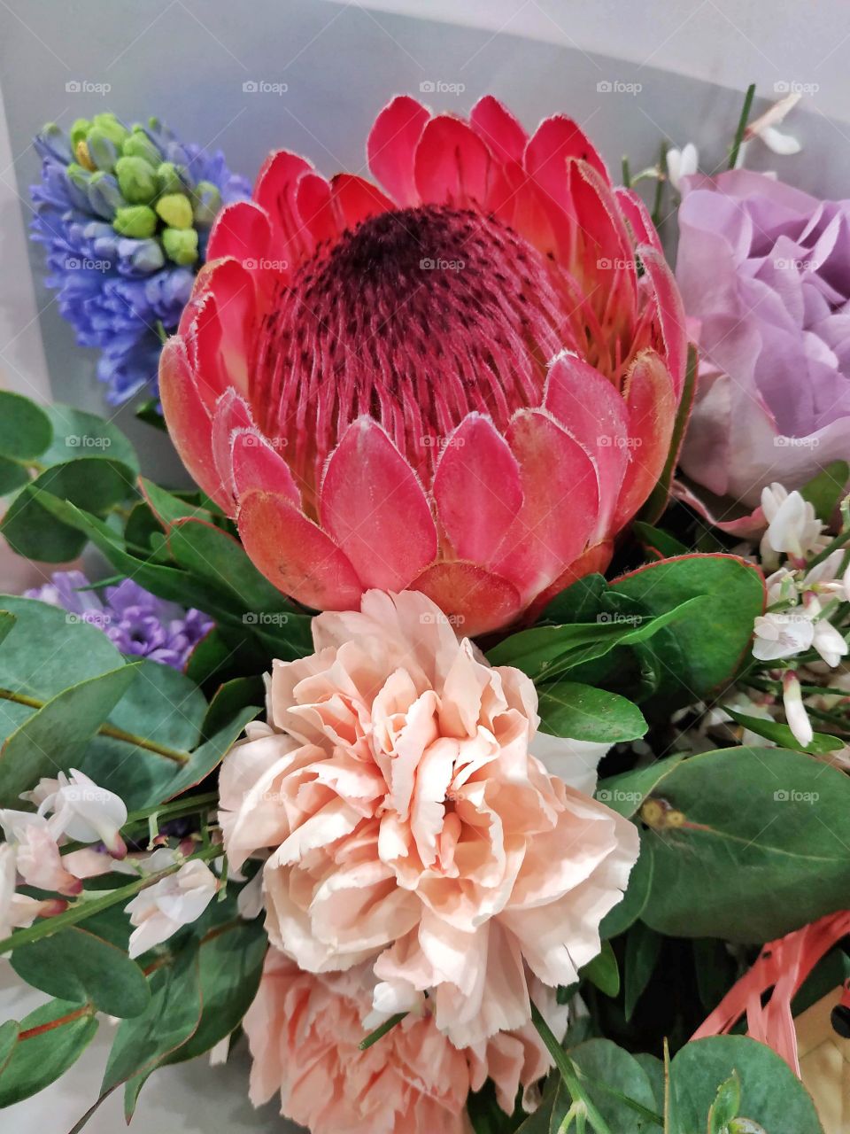 beautiful bouquet of flowers with protea and eucalyptus