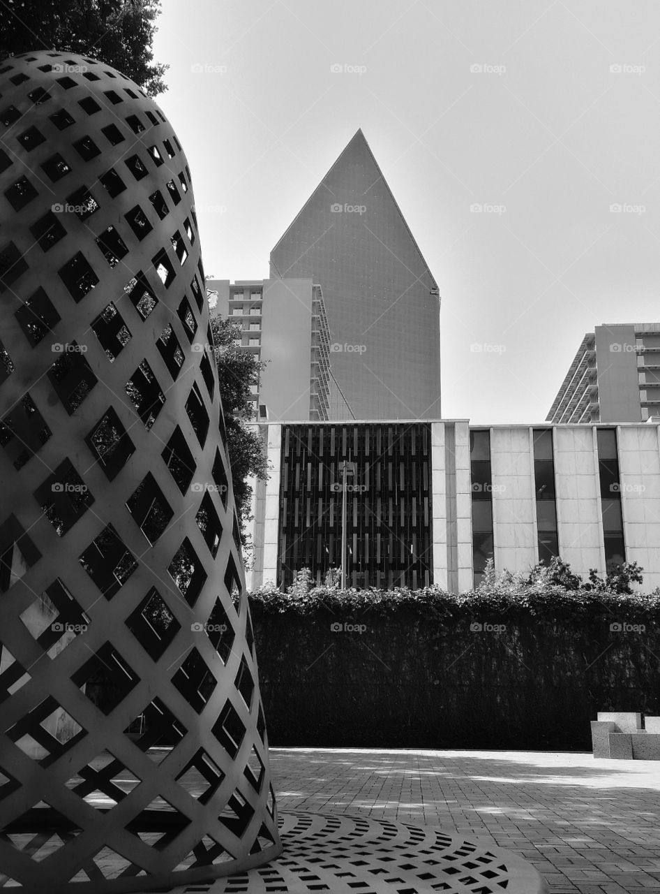 Looking at different types of architecture from a view at the Dallas Museum of Art outdoor garden area in downtown Dallas, Texas USA