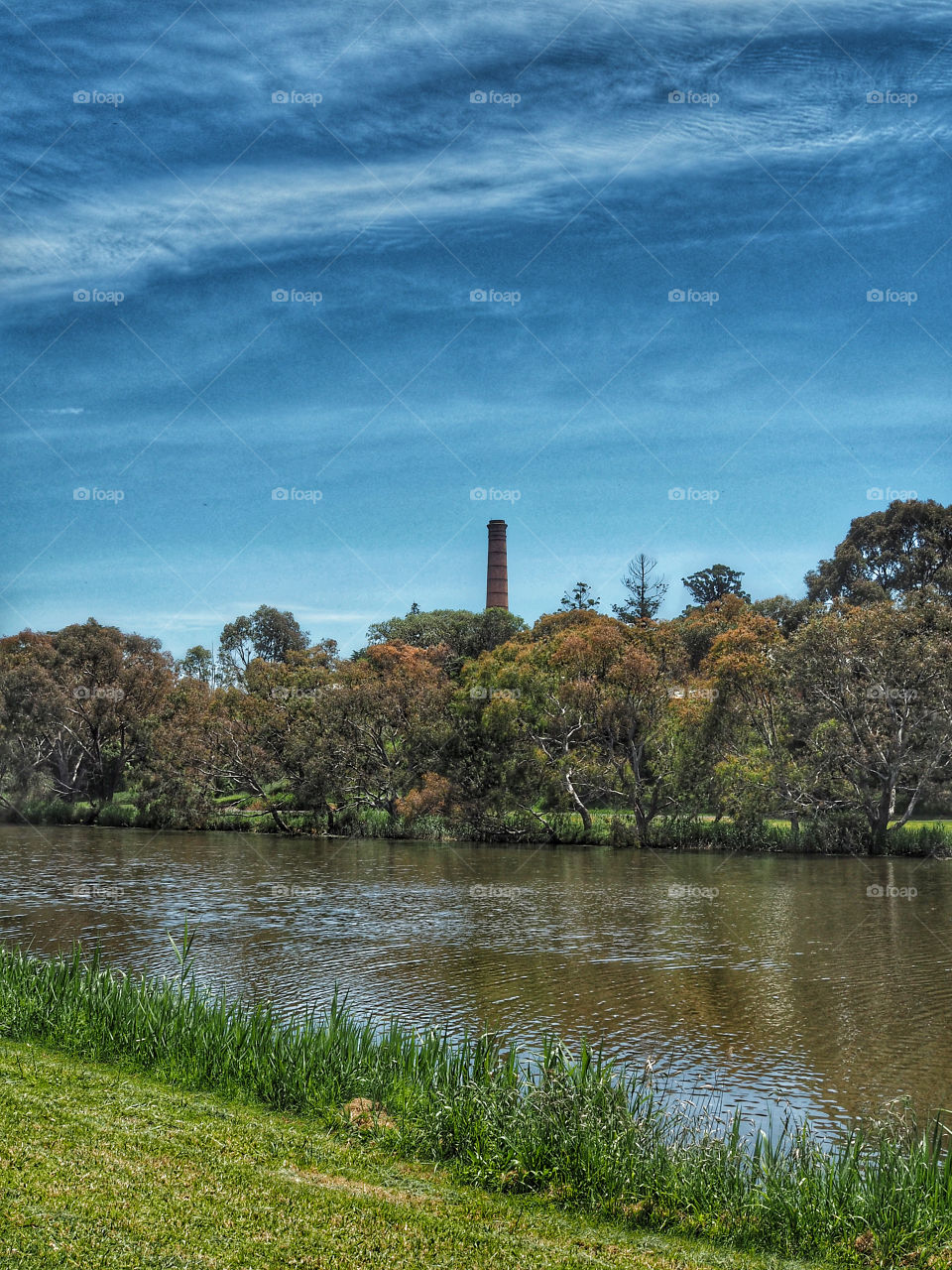 View of old factory chimney on Barwon River, Geelong 