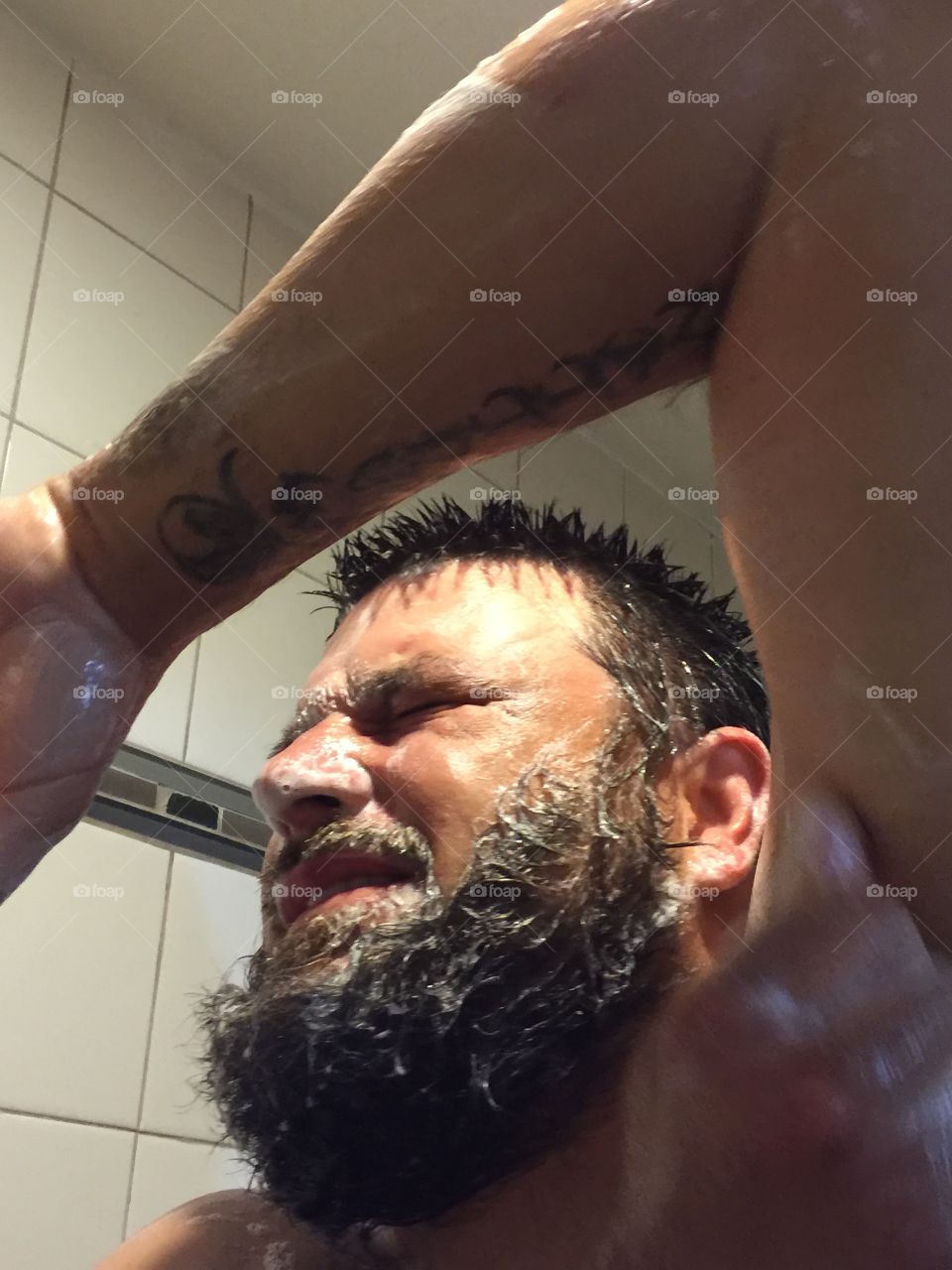 Getting clean in the shower
Soapy face

