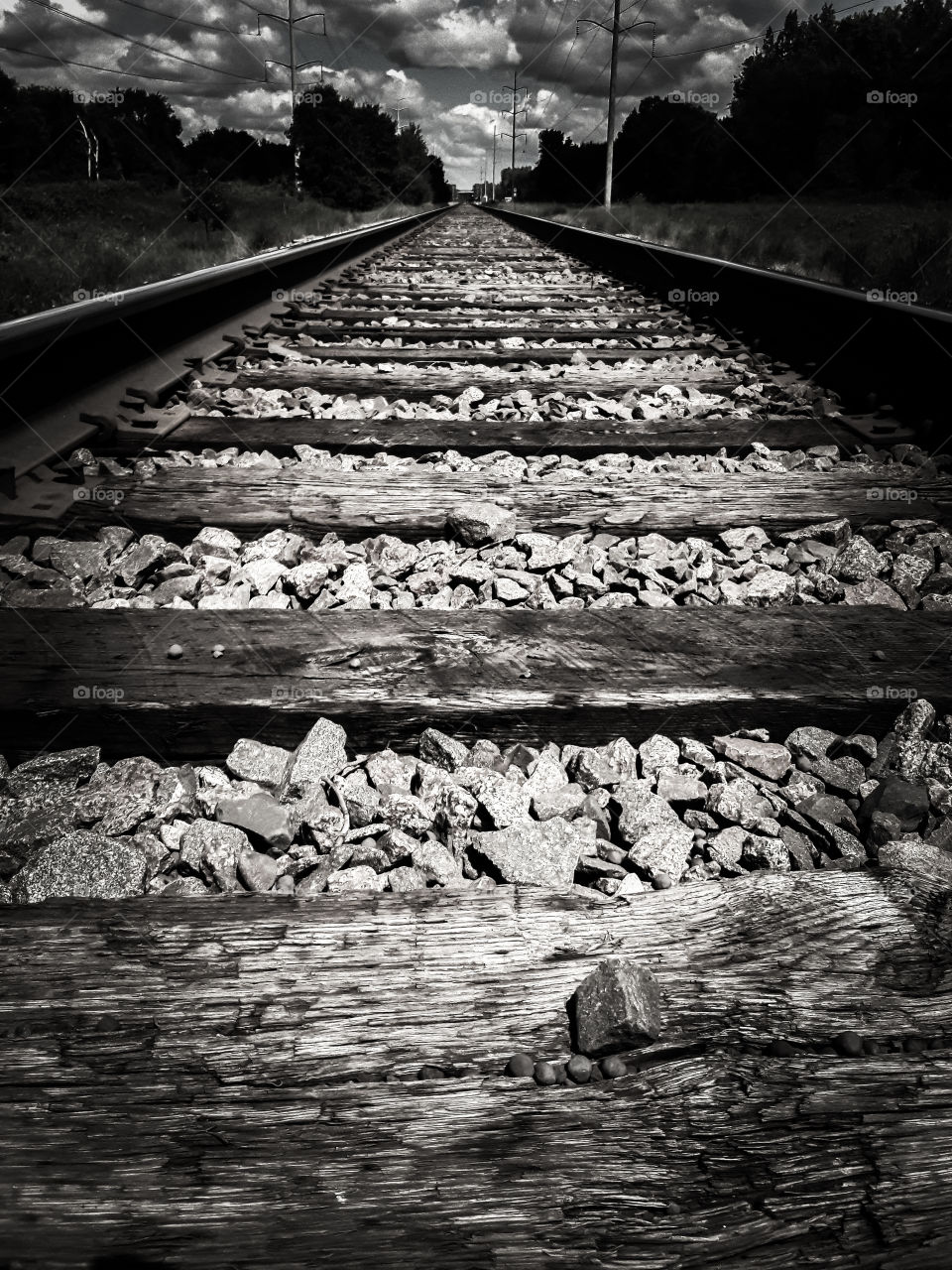 Black and white photograph of railroad tracks.