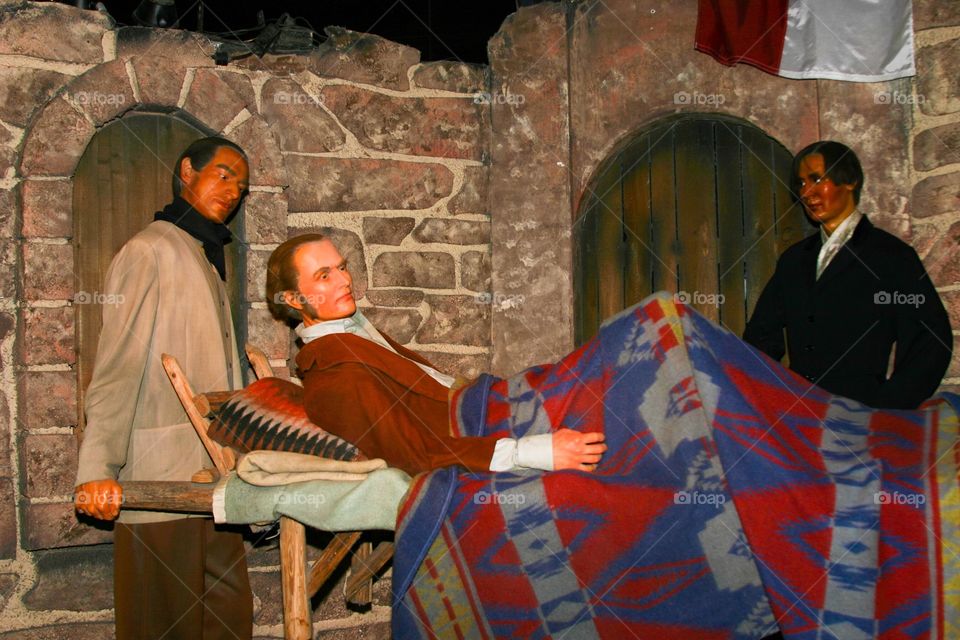 Waxwork tableau of James Bowie on his deathbed at the Alamo