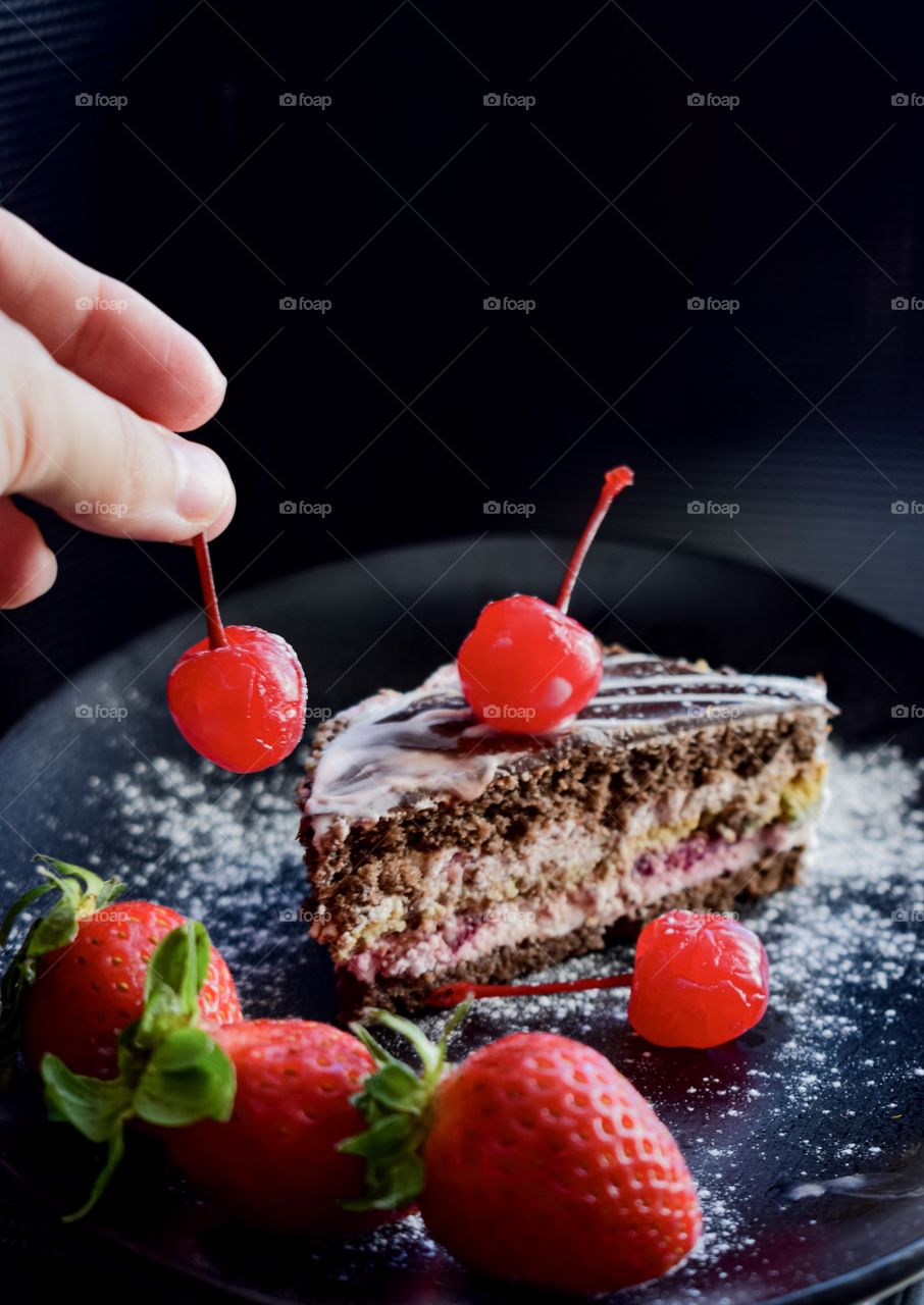 cake, berries, cherry on the cake, sweet berries, red, juicy, colorful background