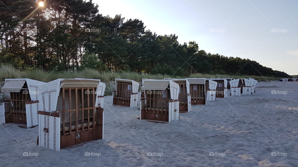 Wicker beach chair on a baltic sea beach. Prora. Germany.