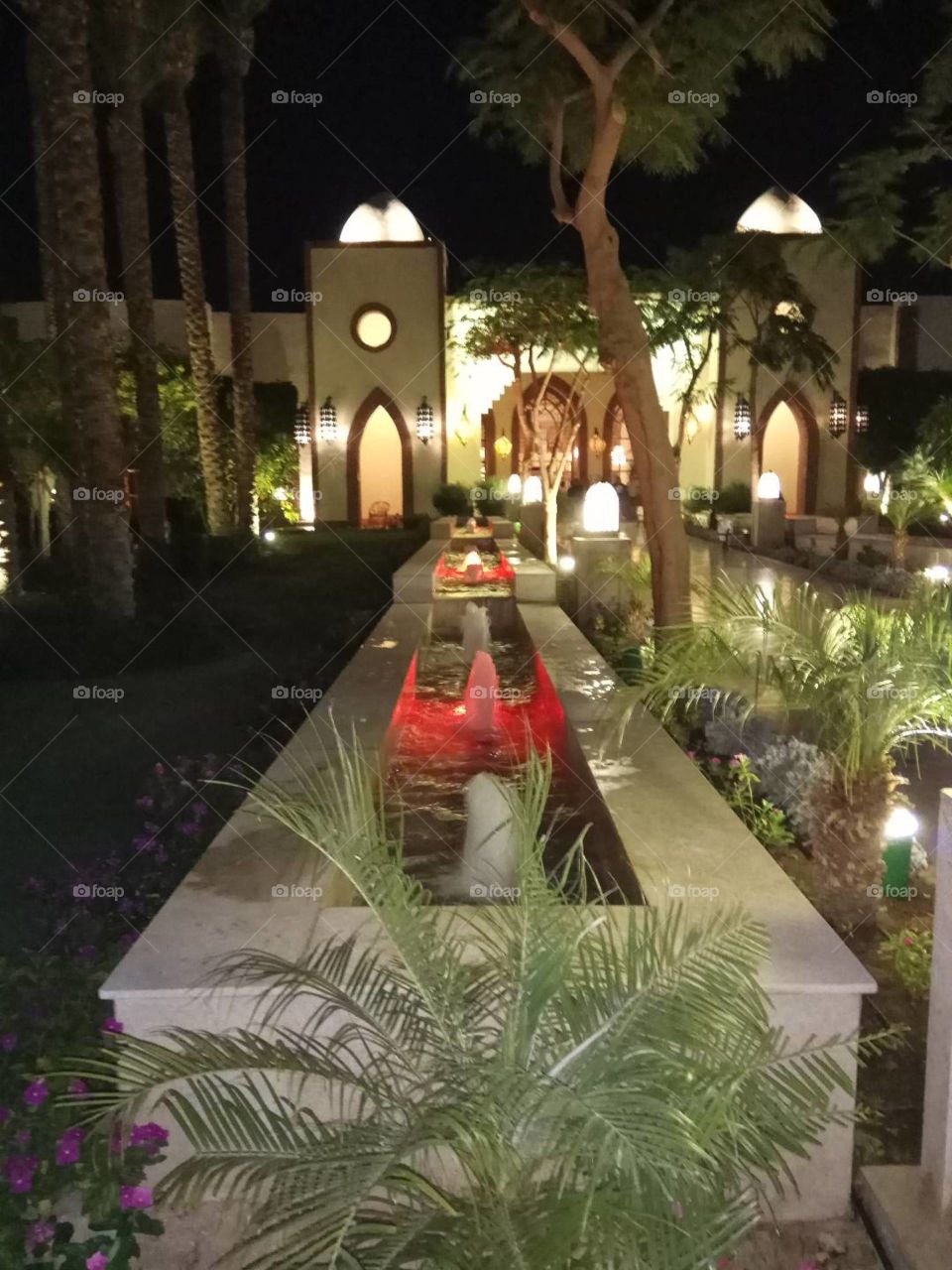 the territory of the Egyptian hotel evening light and fountains