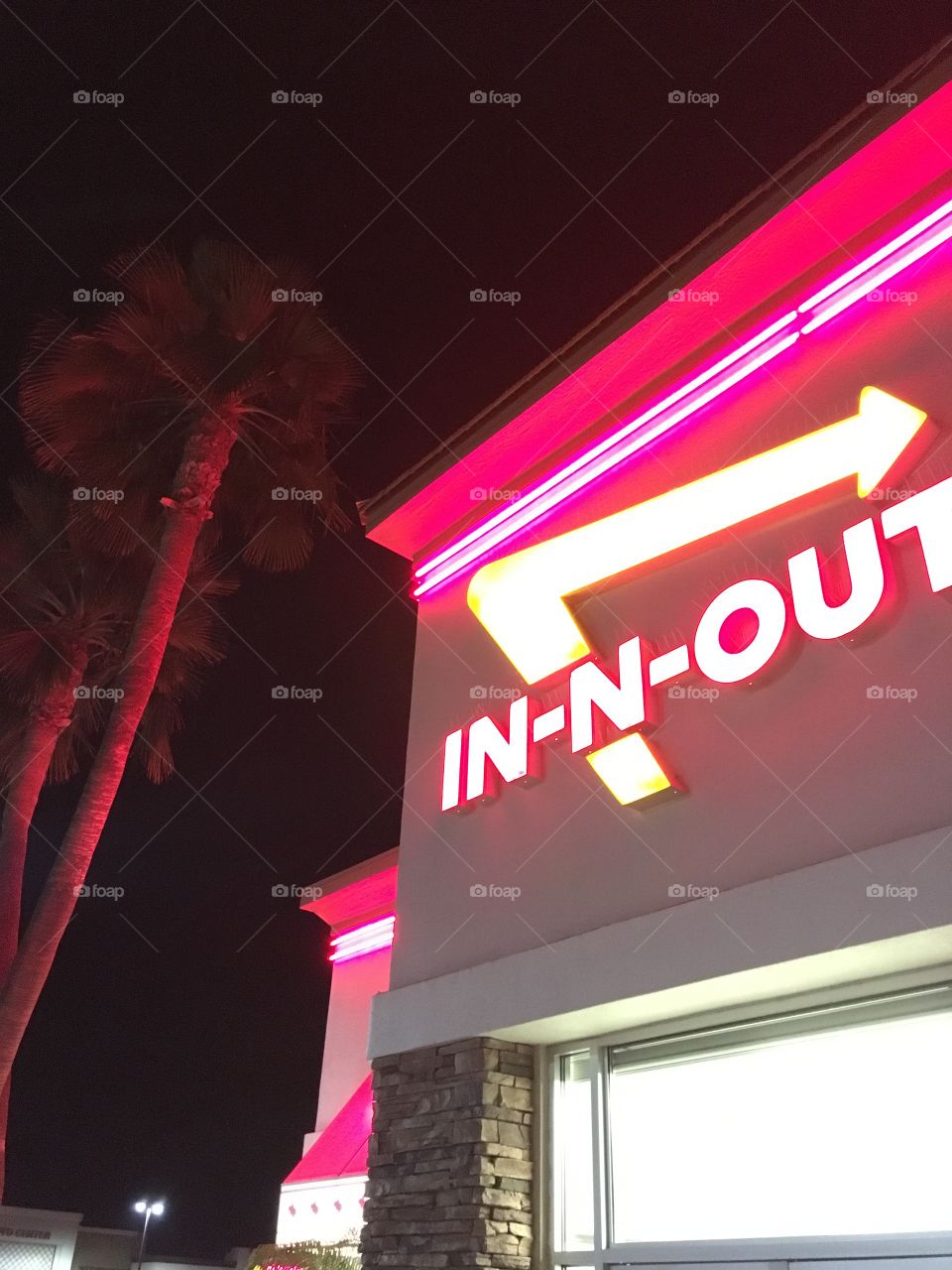 Red neon lights from a restaurant business illuminate nearby palm trees with its glow 
