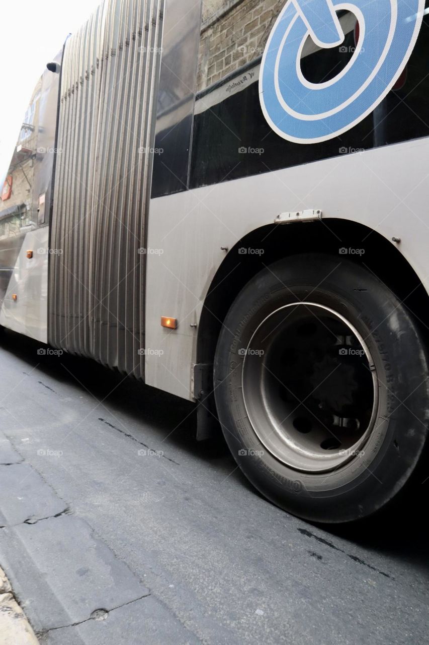 Bus wheel on the road