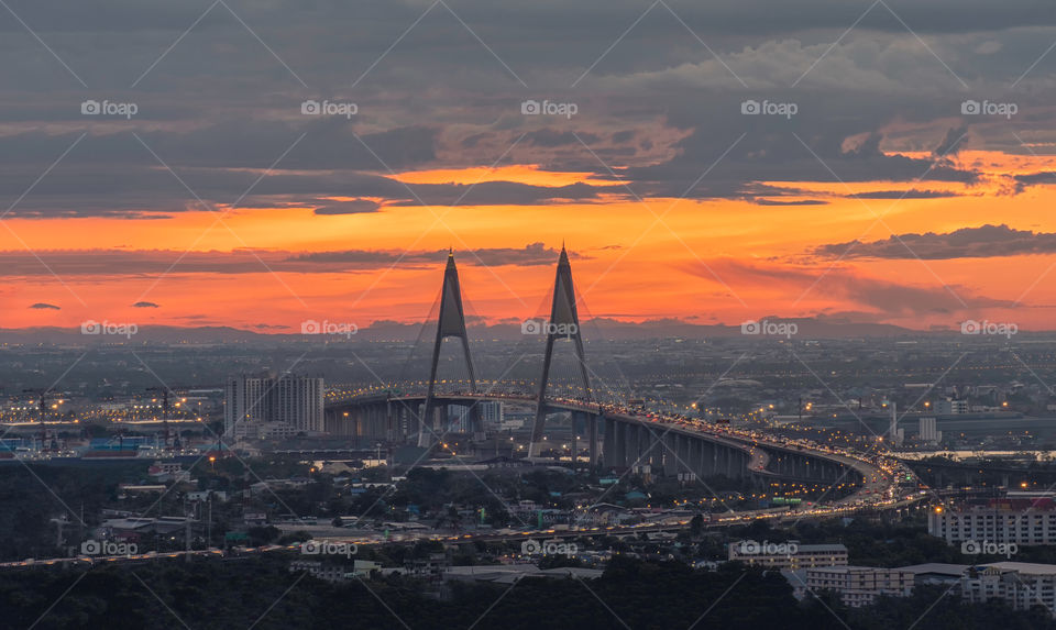 Beautiful scene of the famous landmark Bhumibol bridge in Bangkok Thailand