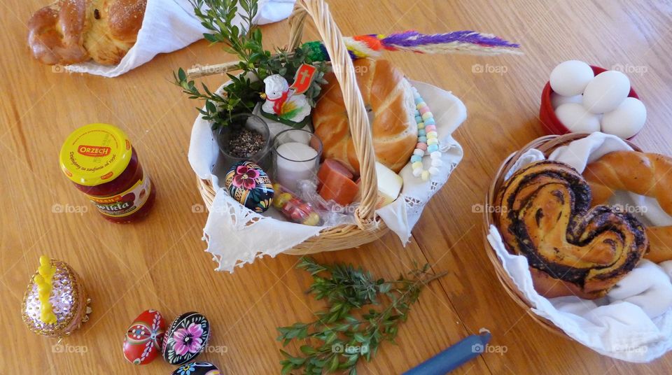 Polish easter, high angle of basket and full table, in mission
