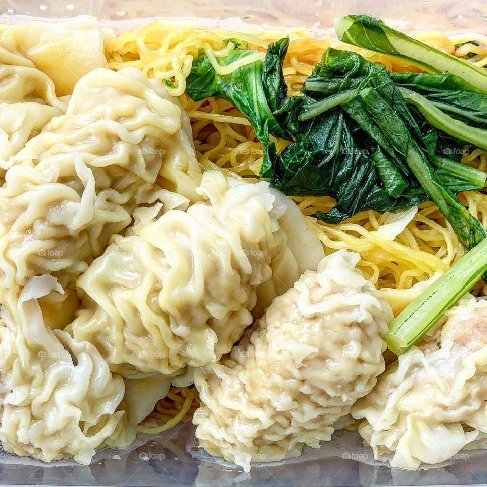 Dang gui duck, roasted pork belly, char siew, century egg dumpling and vegetables 