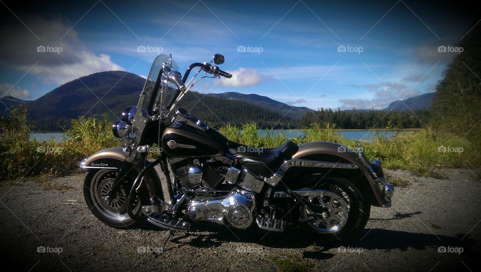 Custom Harley Heritage Classic. Classic Harley in front of Alaskan scenery