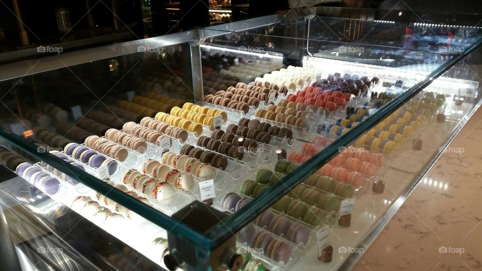 Assortment of Macarons in Display Case