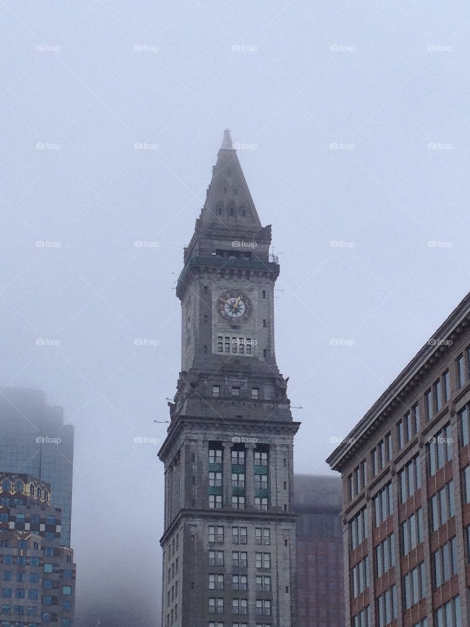 Foggy clock tower in Boston