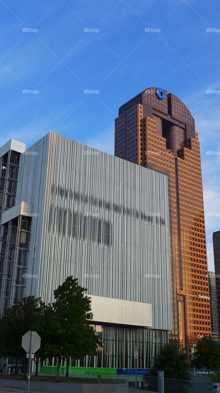 Arts District Theatre building and Chase bank building downtown