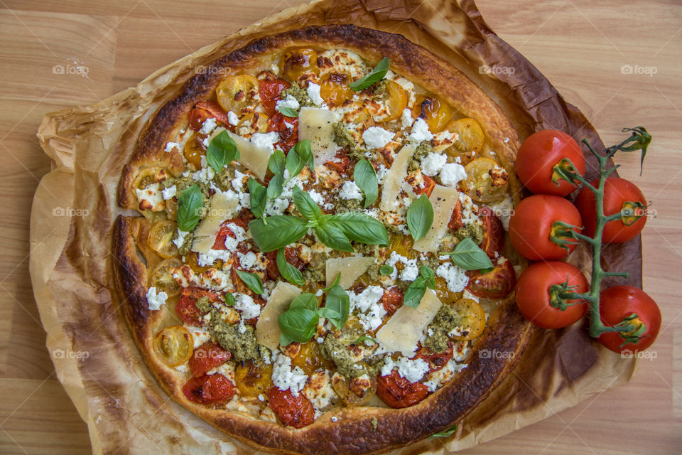 Homemade tomato basil and feta puff pastry tart