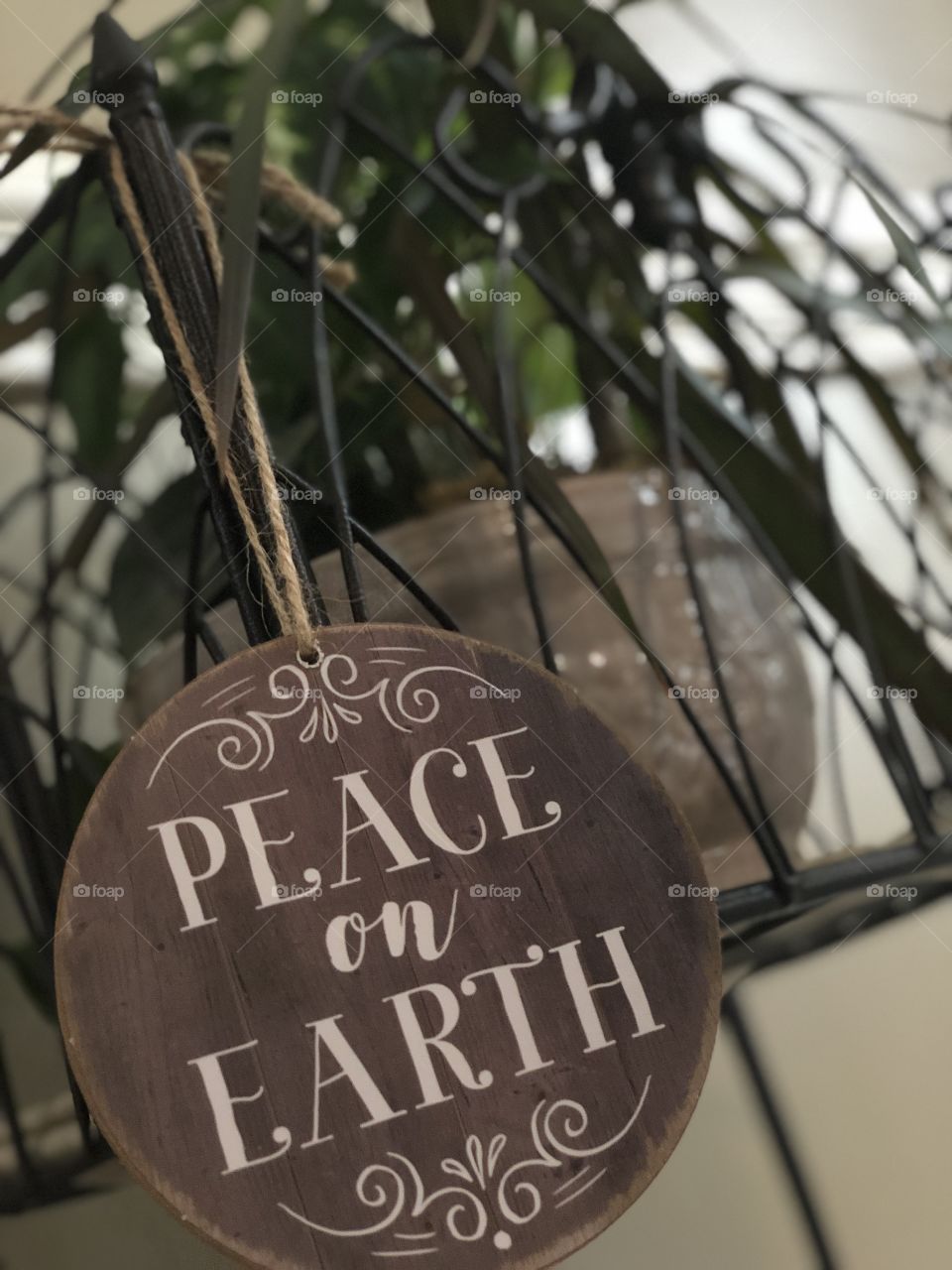 Peace on earth sign in front of a plant of a stand in a modern farmhouse 