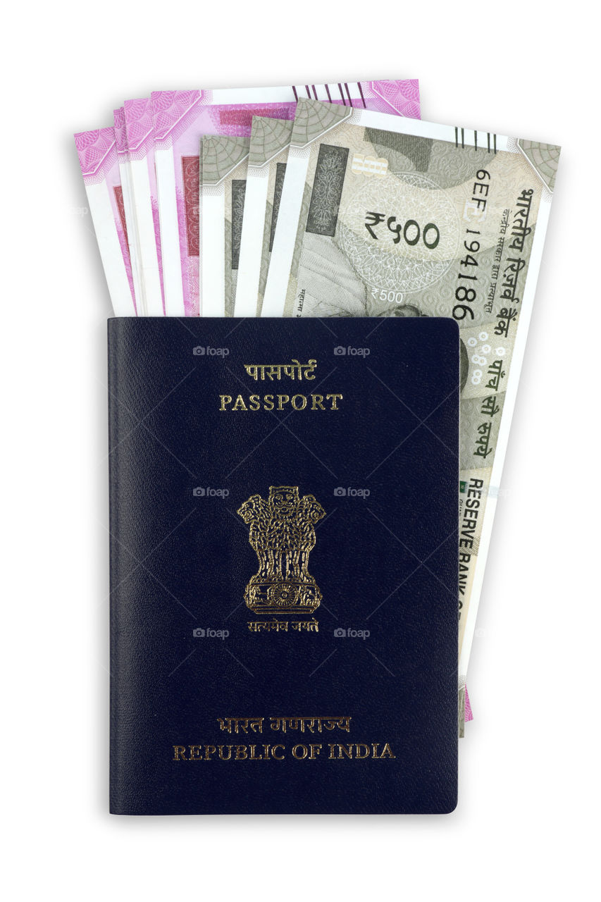 Indian Passport and new Indian rupee currency bank notes