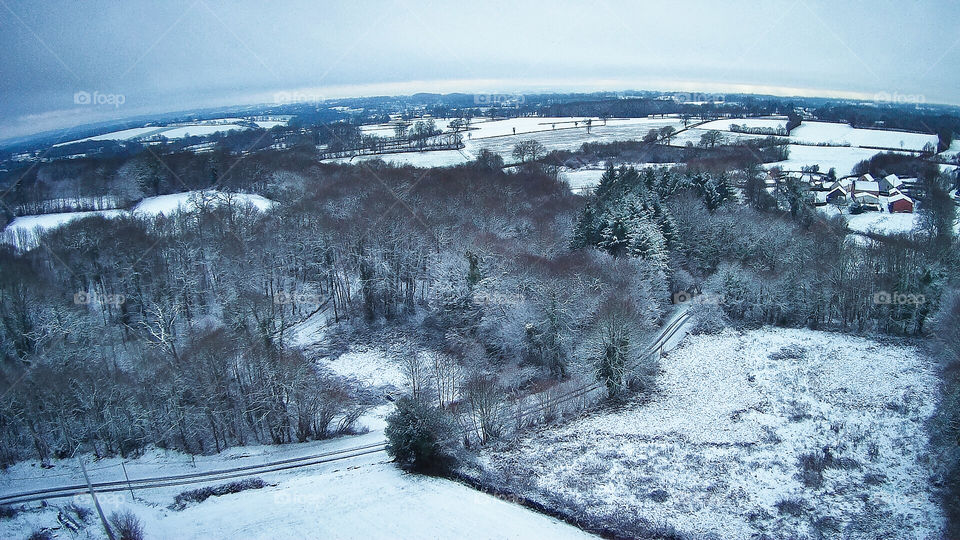 Drone cam image of rural France, in the snow - January 2019