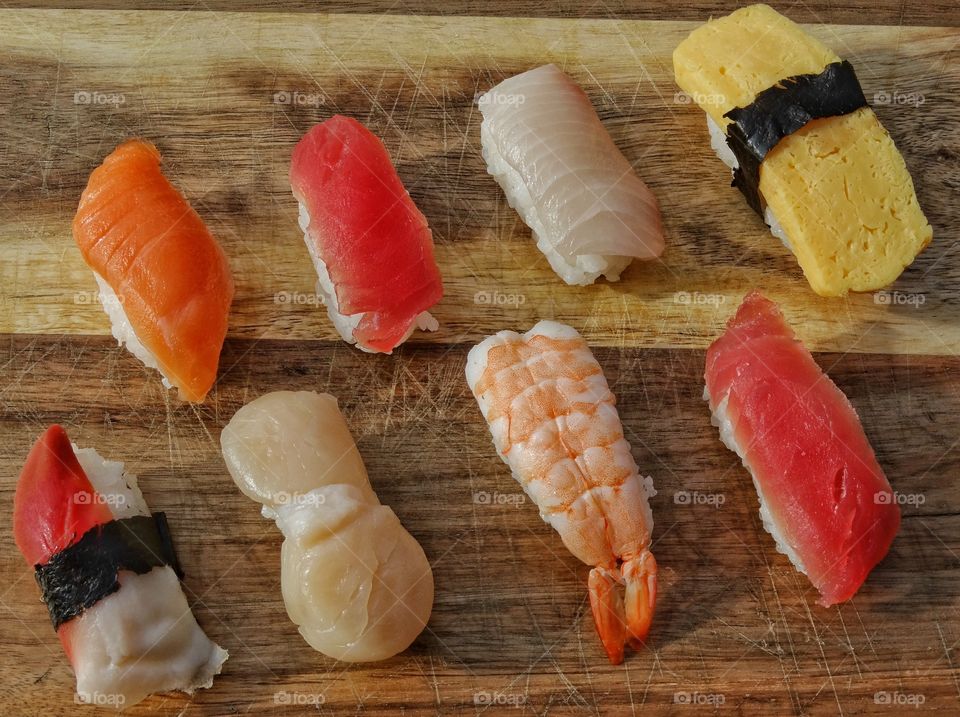 Colorful Sushi. Variety Of Fresh Sushi Nigiri

