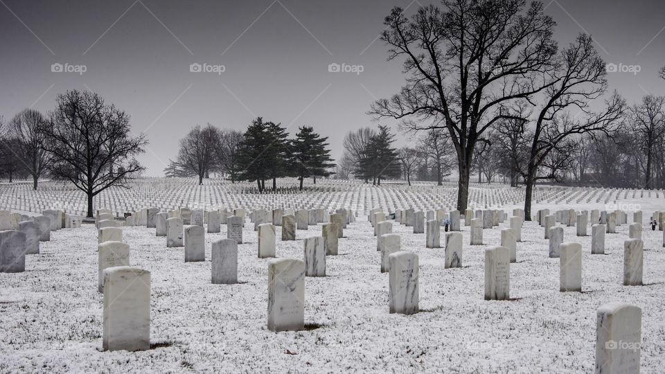 Snow falling on white marble headstones in National Veterans Cemetery and memorial