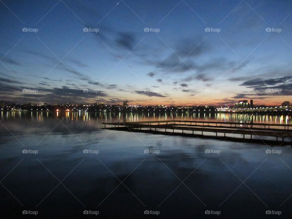 evening city, river, sky, reflection, spring