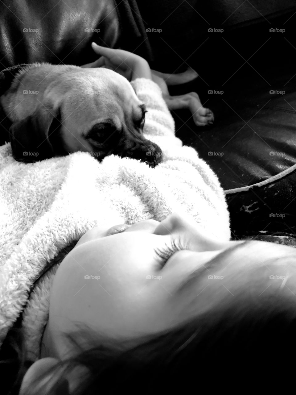 puppy and girl napping