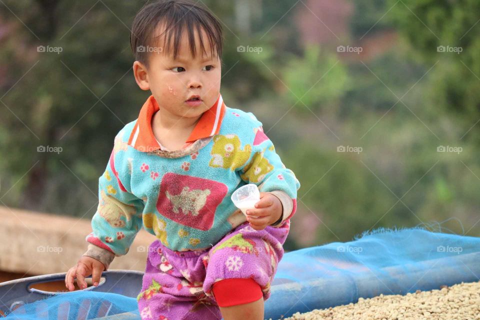 Little boy on the coffee beans