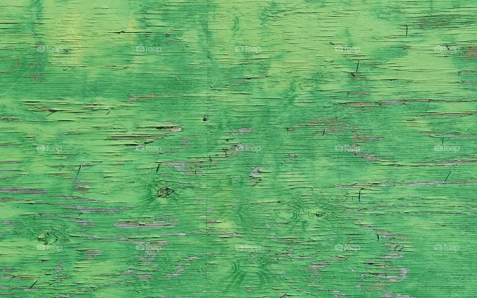 A green peeling painted piece of wood covering a window frame on an abandoned building in New York City.