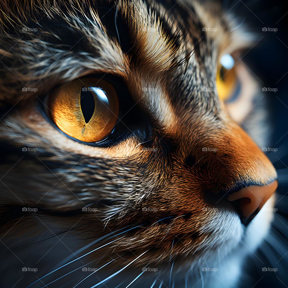 close up of a cat face with round eyes, in the style of vray tracing, photo-realistic techniques