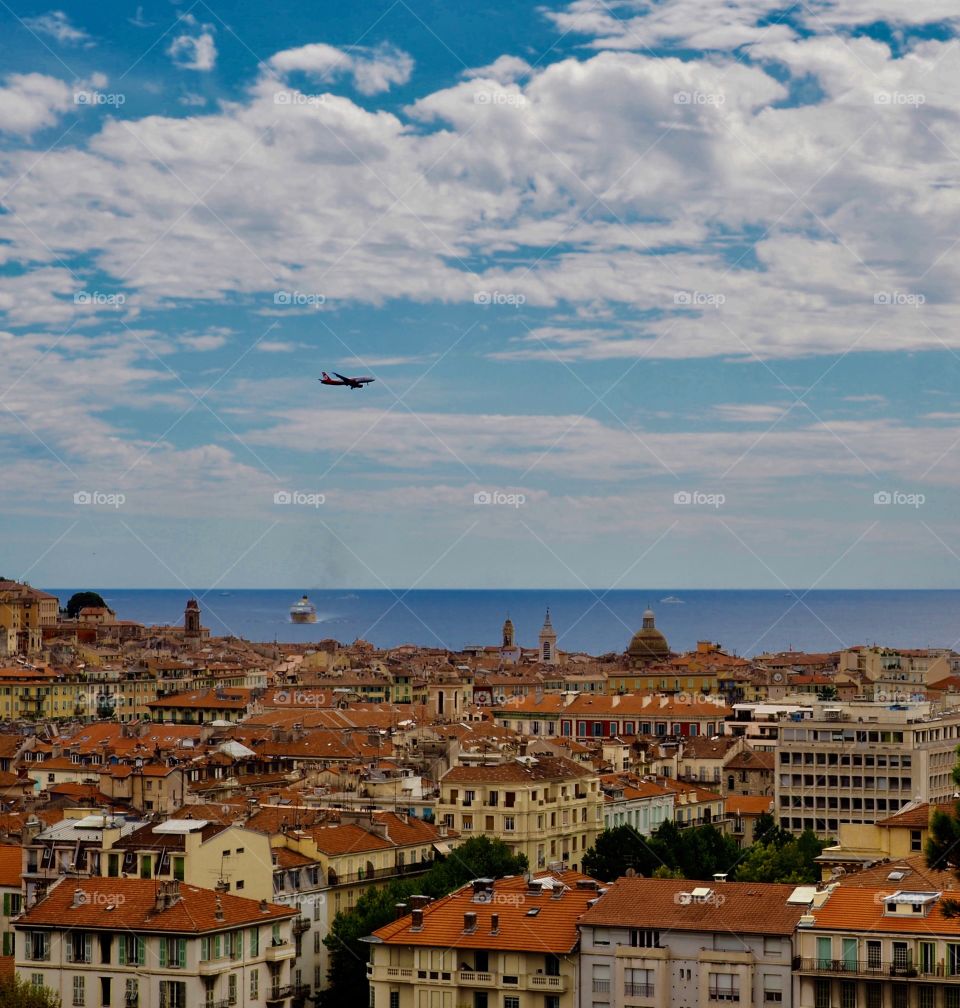 Panoramic view of the city from high above in the Cimiez neighborhood of Nice, France.