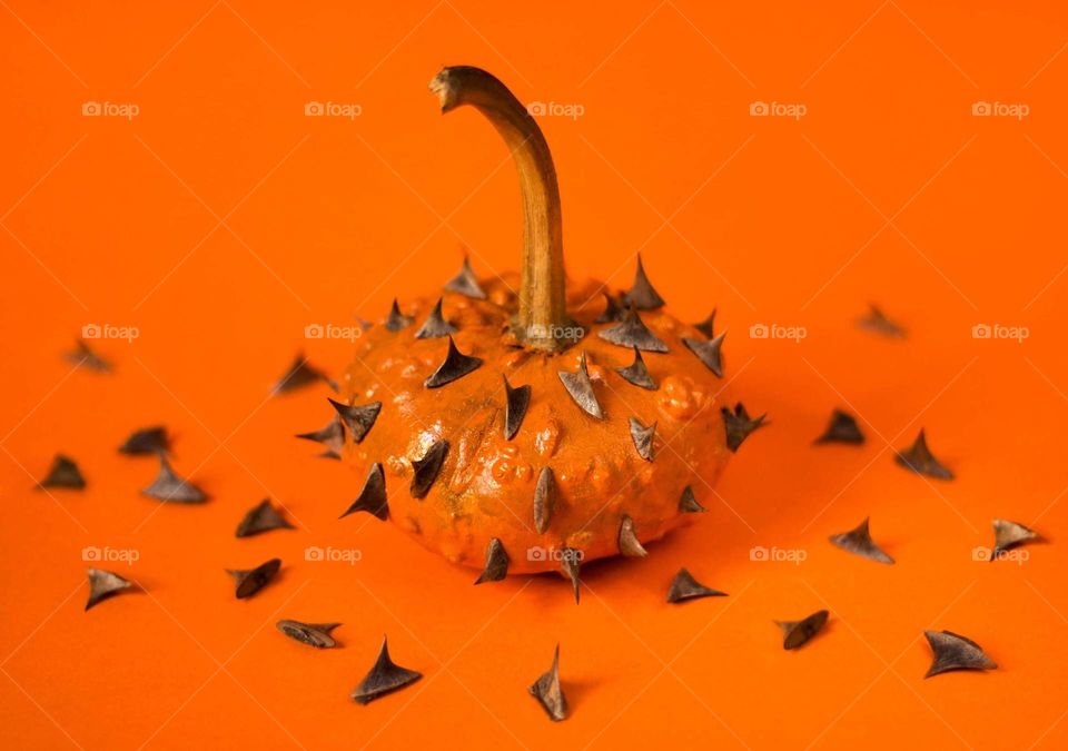 A pumpkin with spikes on orange colored background