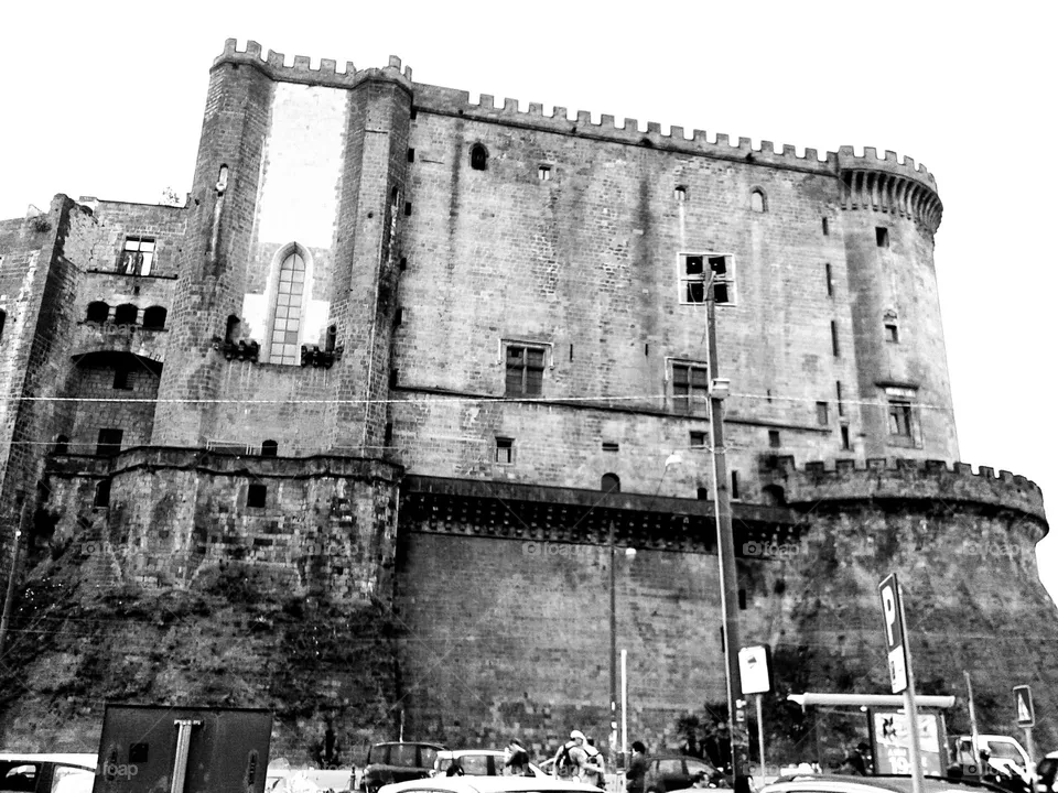 The Maschio Angioino Castle (Naples, Italy) in black and white