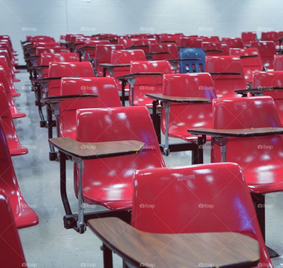 Class is in session. School room with chairs. 