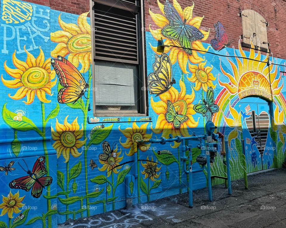 Sunflower’s and butterflies on a brick wall