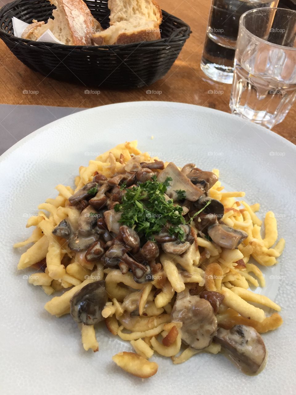 Mushroom spaetzles in Strasbourg at La Corde à linge restaurant
