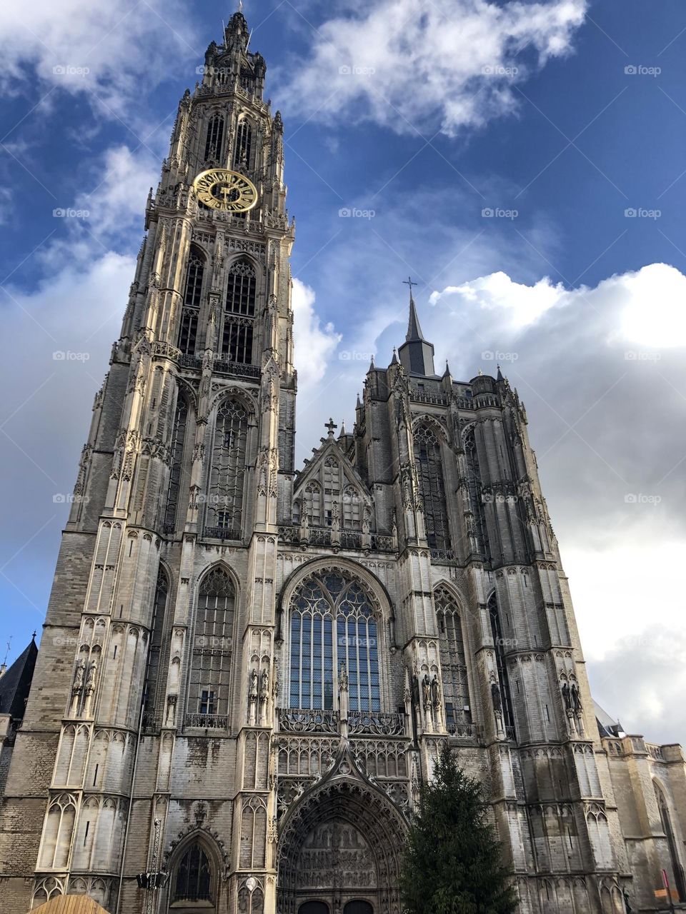 Church facade view in gothic style during a sunny day