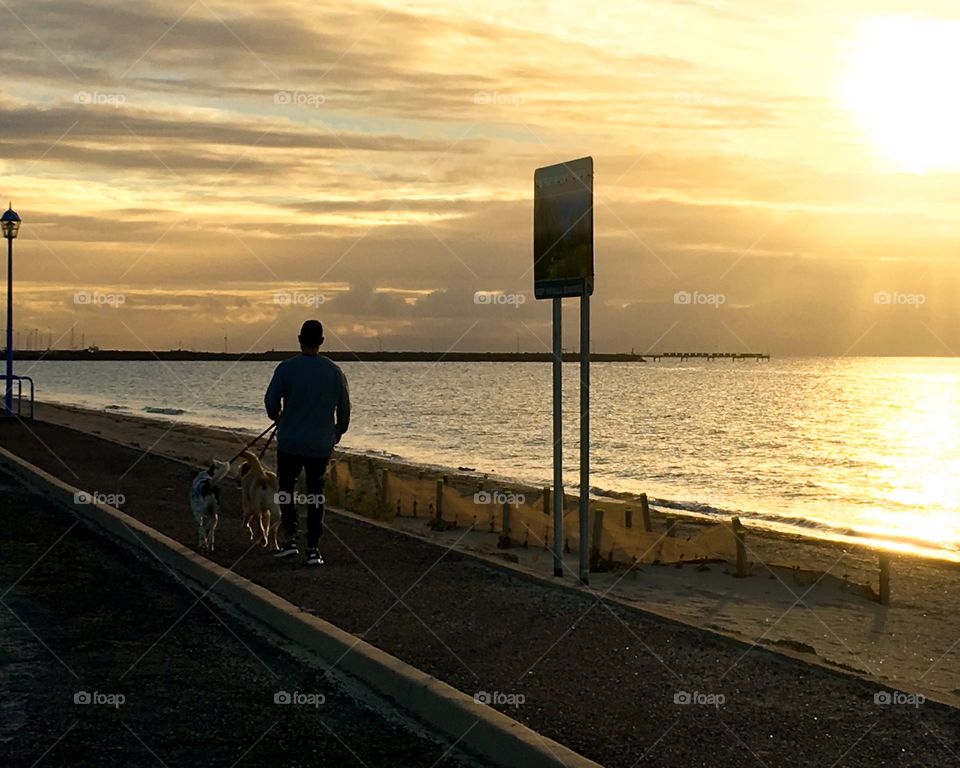 A man wearing sunglasses and walking two dogs along the beach at sunrise, Sun rays and golden sky, partial silhouette