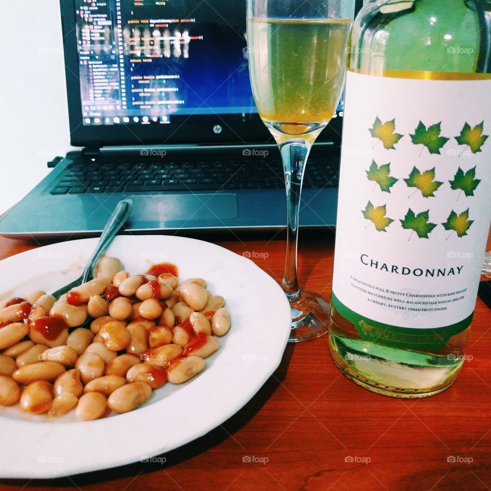 Healthy breakfast with butter beans and wine